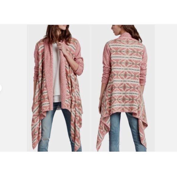 Lucky Brand Size Medium Open Cardigan-Aztec-Geometric-Waterfall-Pink-Nuetral - Picture 1 of 8
